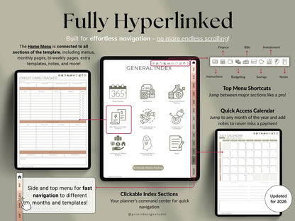 Hyperlinked planner software interface with various features and tools.