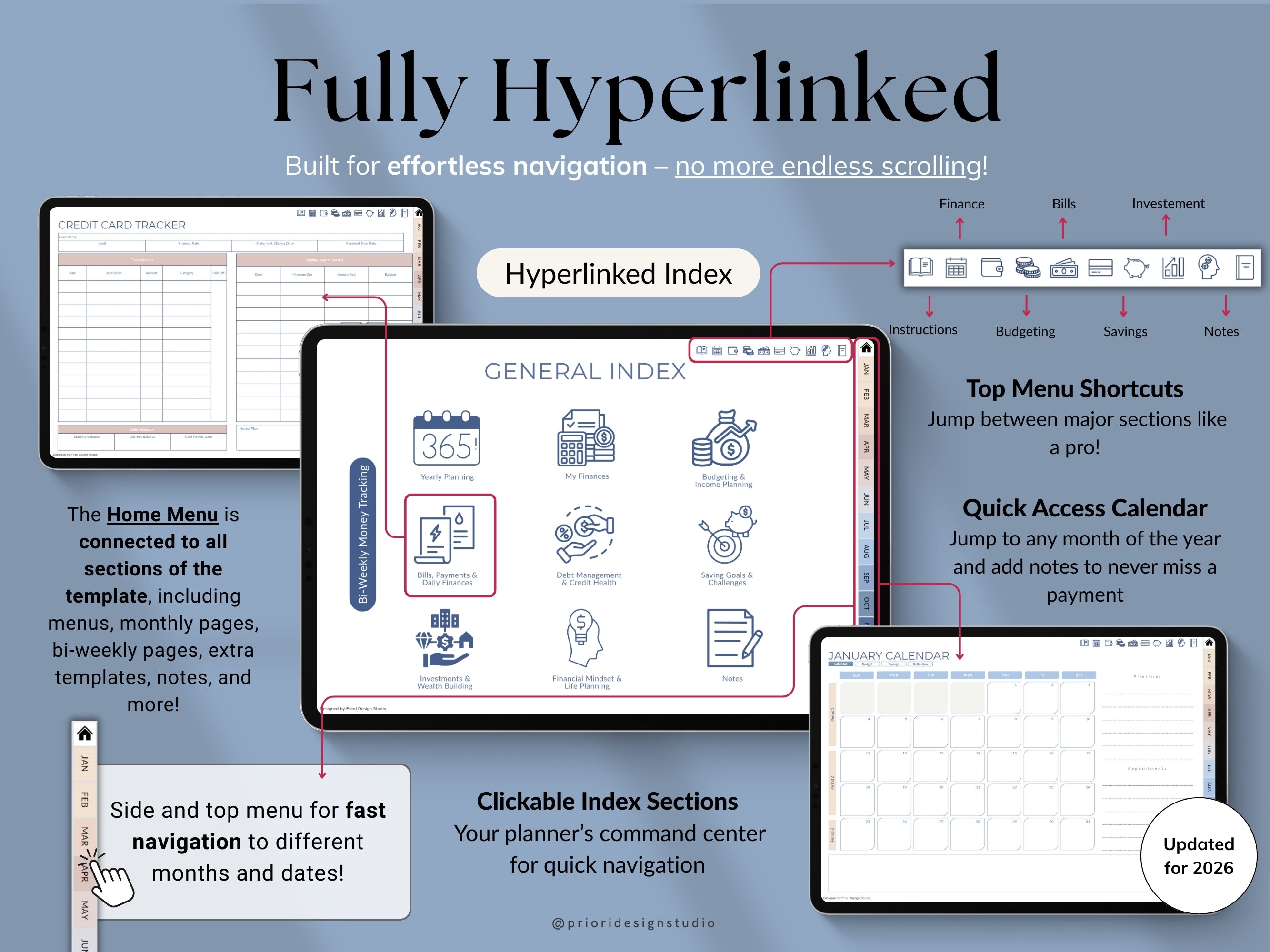 Hyperlinked planner with multiple screens showing navigation features.