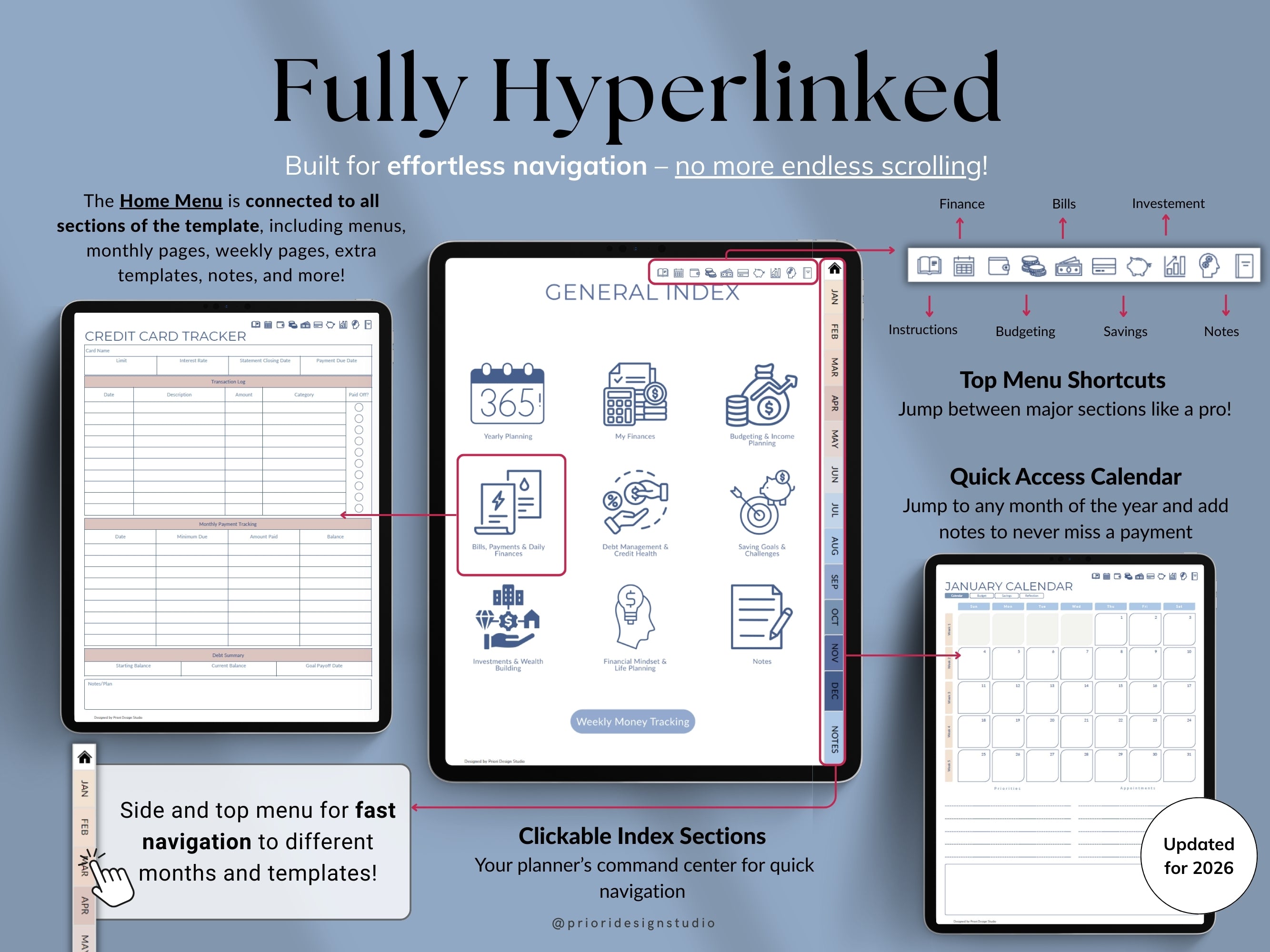 Hyperlinked planner software interface with tablet and smartphone views on a blue gradient background