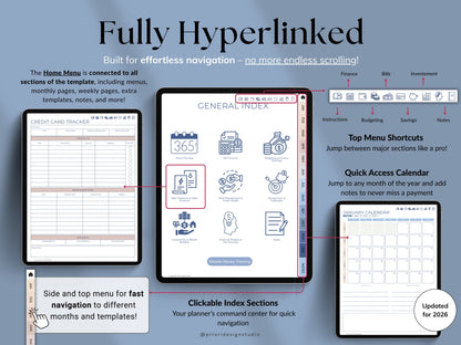 Hyperlinked planner software interface with tablet and smartphone views on a blue gradient background