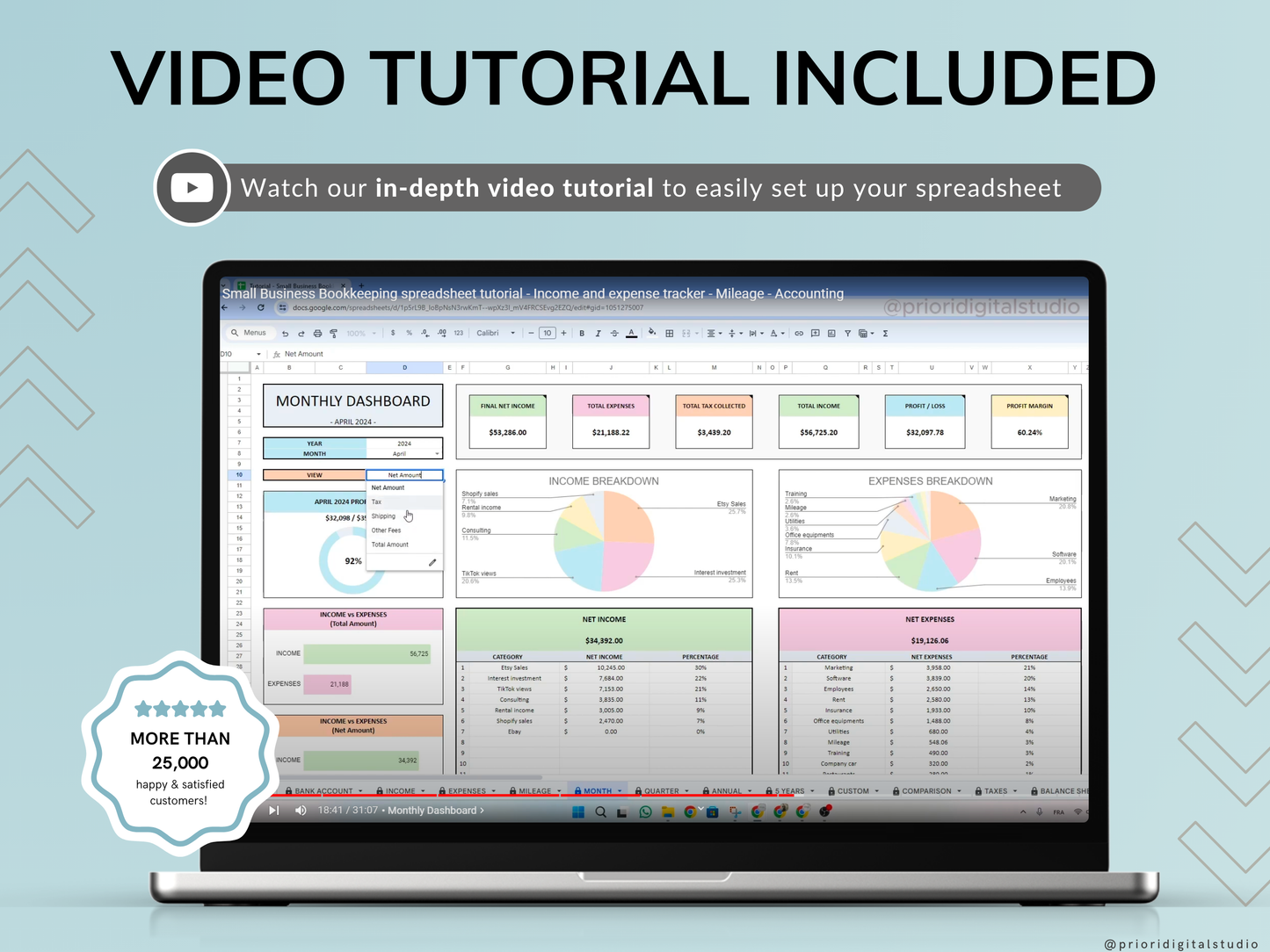 Small Business Bookkeeping Spreadsheet Income Expense Tracker Tax Tracker Accounting Template Mileage Tracker Business Planner Profit & Loss Excel Google Sheets