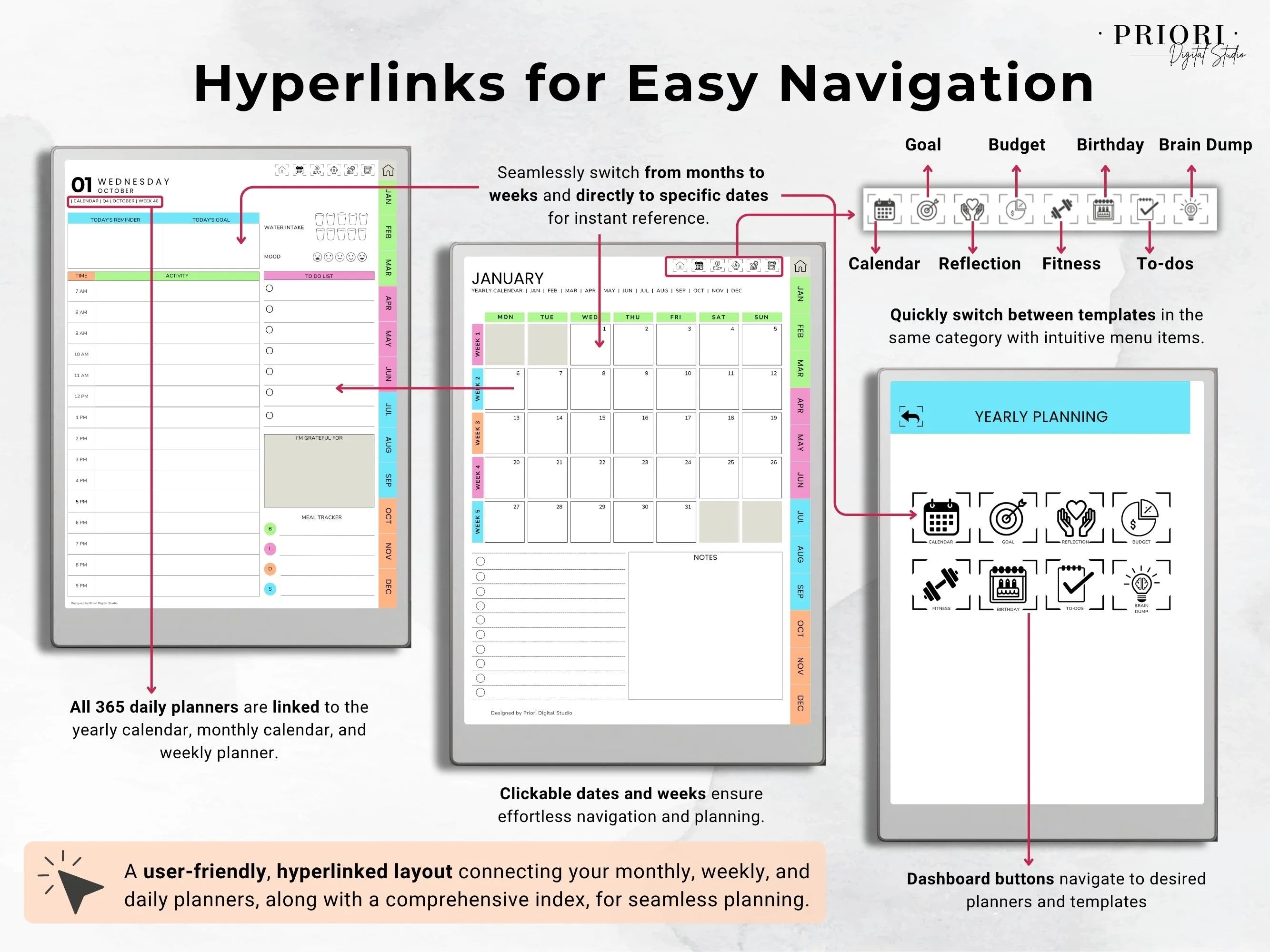 reMarkable Digital Planner 2025 2026 Daily Planner reMarkable 2 Template Minimalist Hyperlinked Planner for reMarkable Organization Planner