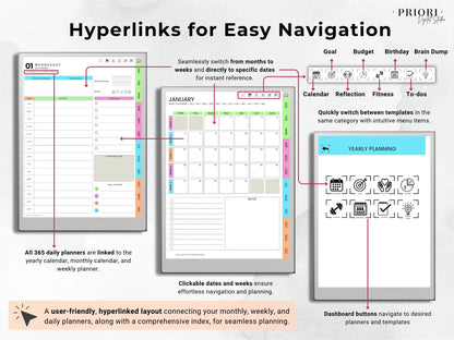 reMarkable Digital Planner 2025 2026 Daily Planner reMarkable 2 Template Minimalist Hyperlinked Planner for reMarkable Organization Planner