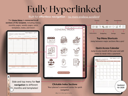 Digital planner software interface with hyperlinks and navigation features on a brown background