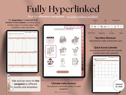 Digital planner software interface with tablets displaying different sections on a brown background.