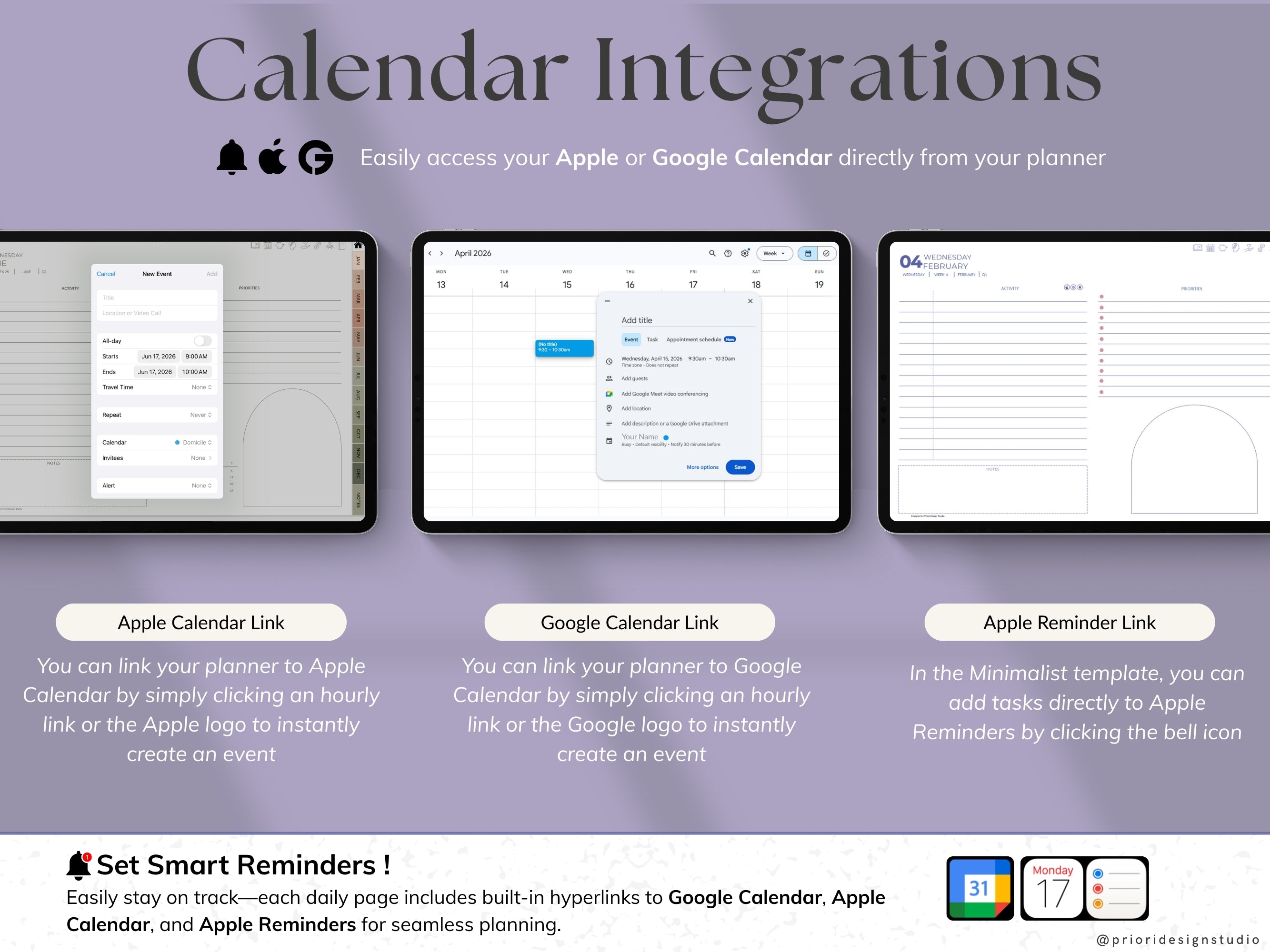 Calendar integrations with Apple and Google on a purple background