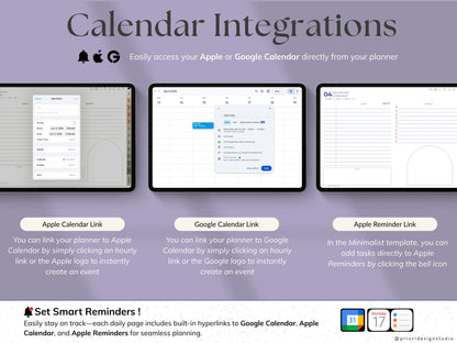 Calendar integrations with Apple and Google on a purple background