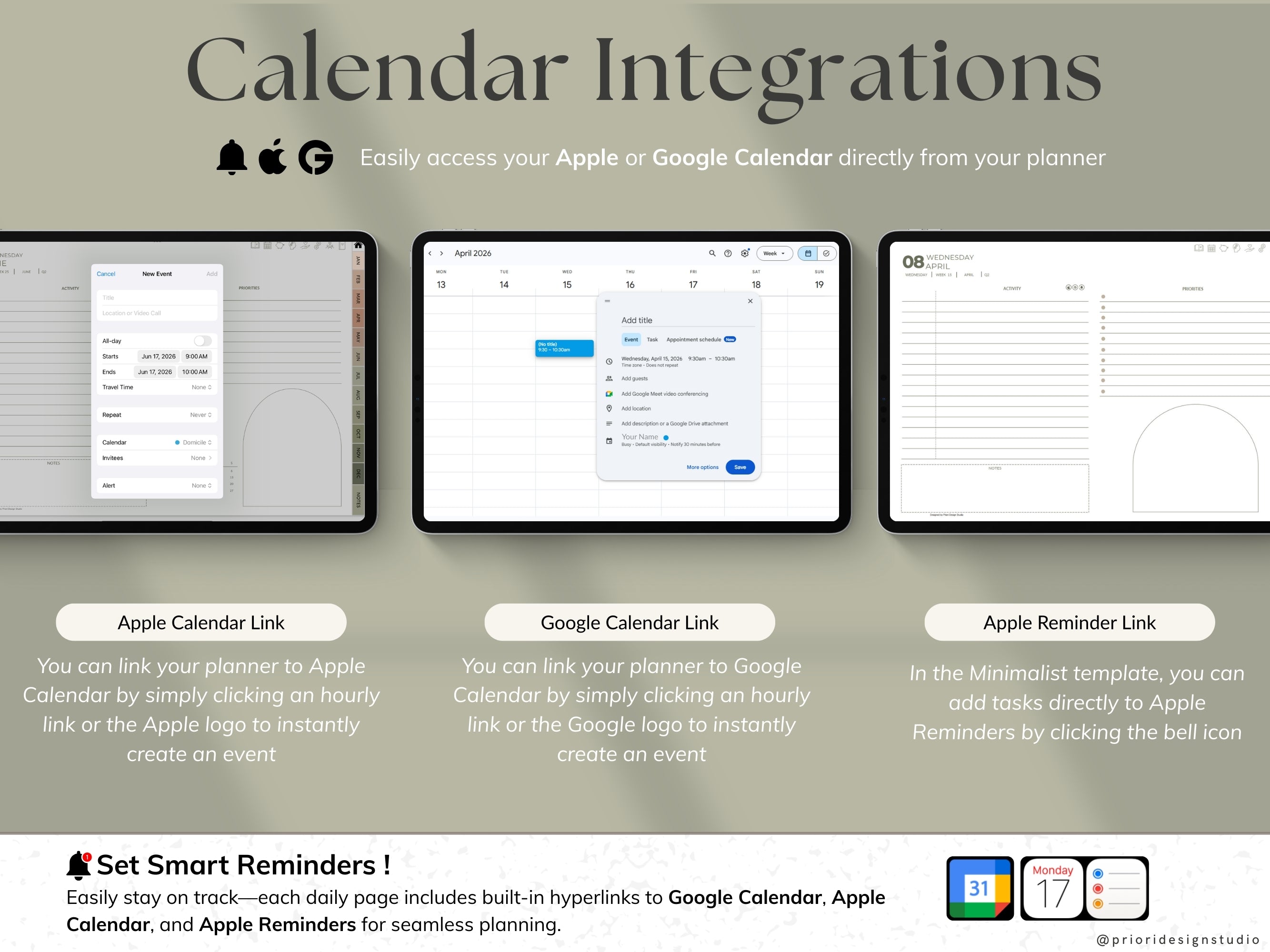 Calendar integrations with Apple and Google on a gray background