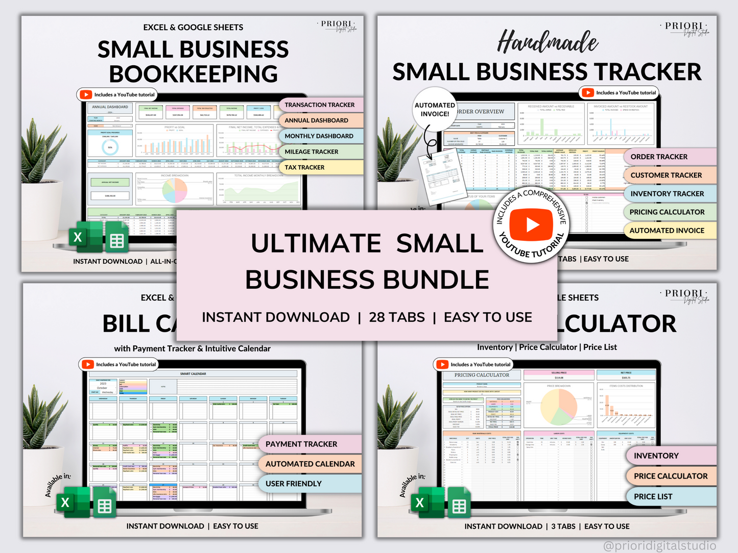 Small Business Bundle Bookkeeping Inventory Tracker Order Tracker Product Handmade Pricing Calculator Smart Bill Calendar Google Sheet Excel