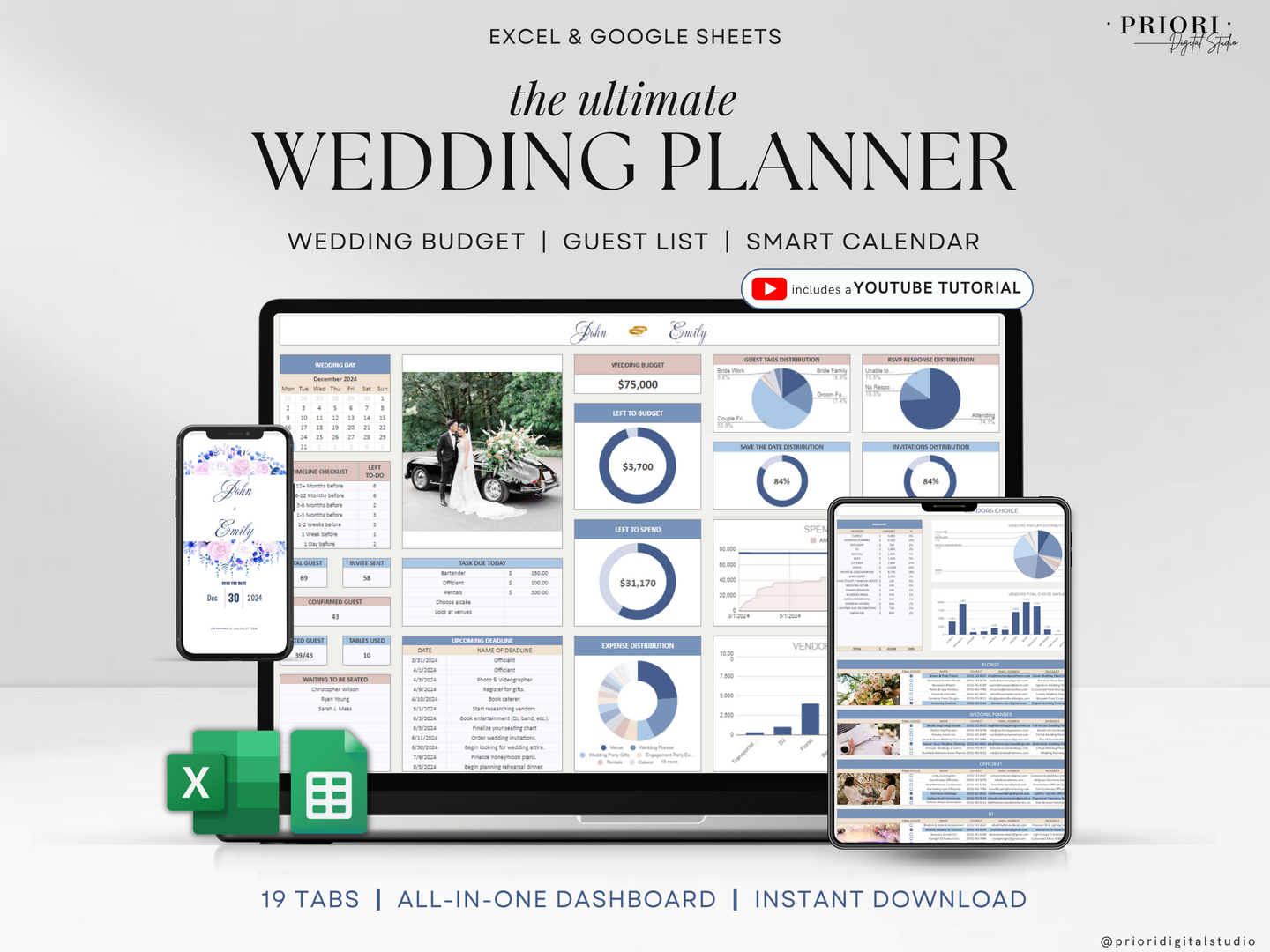 Wedding Planner Spreadsheet Wedding Budget Tracker Wedding Timeline Checklist Guest List Tracker Wedding Itinerary Seating Plan Wedding Gift Blue Excel Google Sheets