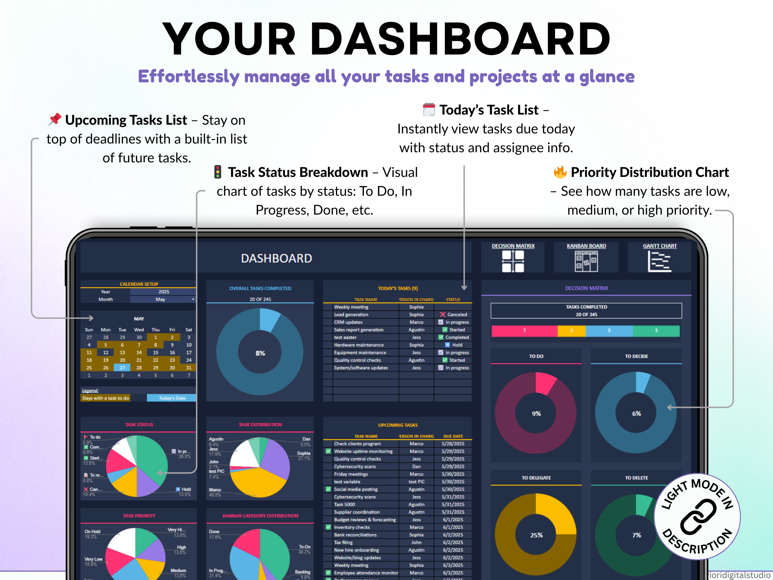 All-in-One Task Tracker spreadsheet with dashboard and interface elements on a gradient background