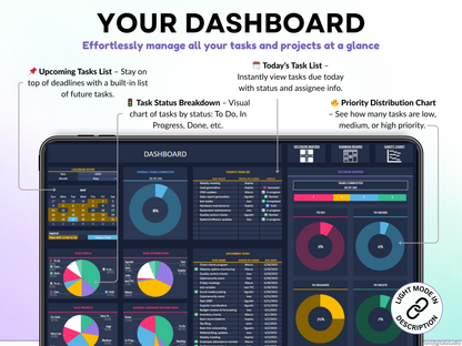 All-in-One Task Tracker spreadsheet with dashboard and interface elements on a gradient background