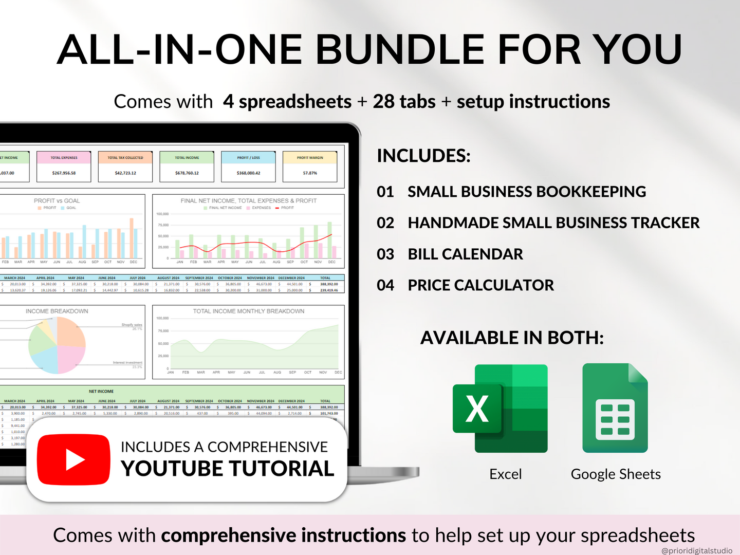 Small Business Bundle Bookkeeping Inventory Tracker Order Tracker Product Handmade Pricing Calculator Smart Bill Calendar Google Sheet Excel