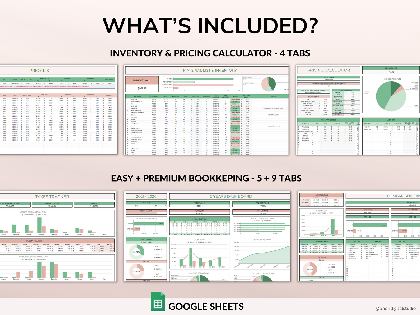 PLR Bookkeeping Spreadsheet Inventory Tracker Pricing Calculator Commercial Use PLR Google Sheets Bundle Private Label Rights PLR Template