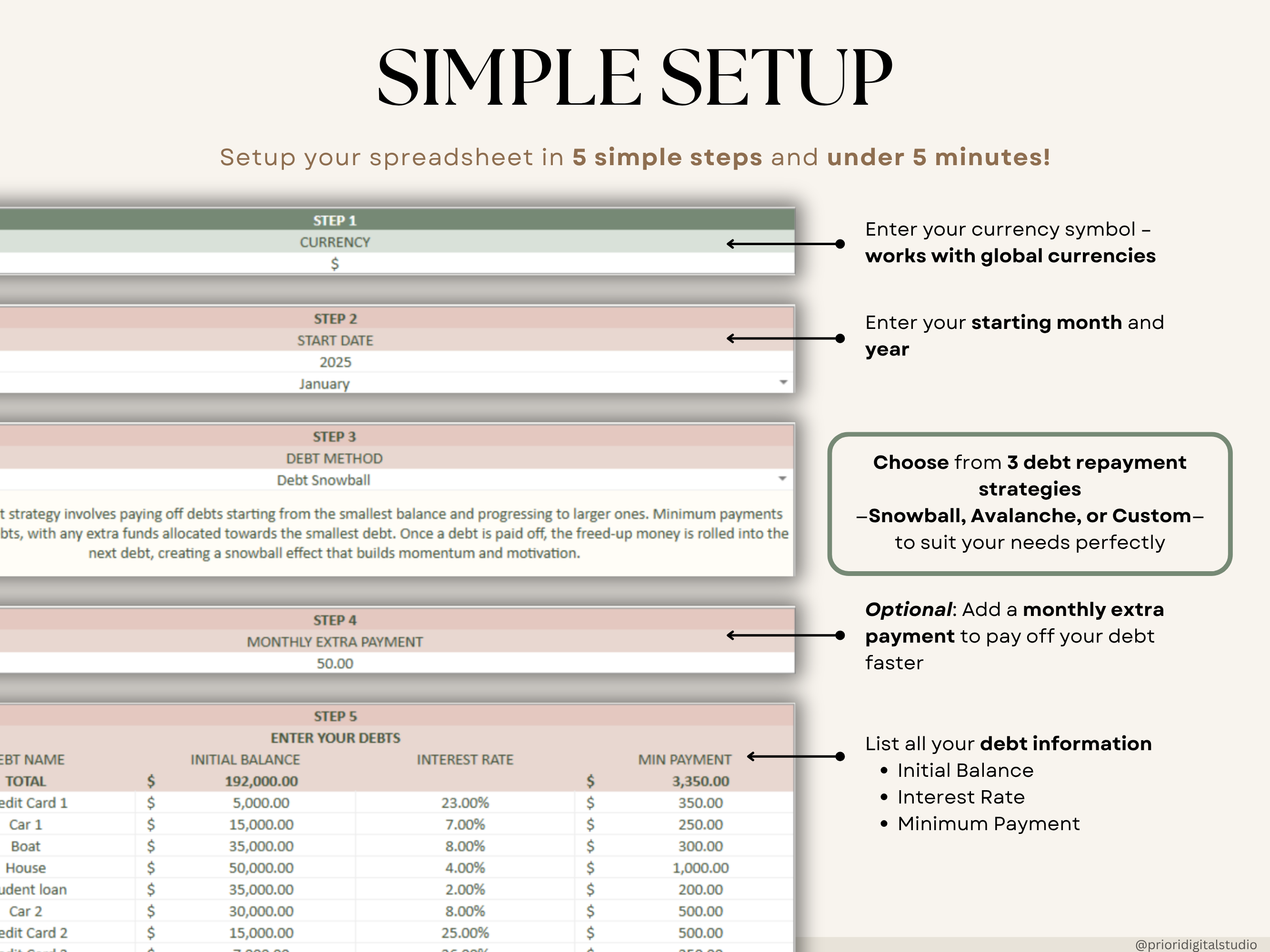 Debt Tracker Payment Debt Snowball Excel Debt Avalanche Calculator for Google Sheet Student Loan Mortgage House Payment Credit Card Payoff