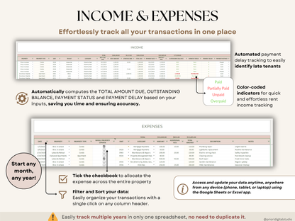Rental Property Tracker Landlord Spreadsheet Multi Property Income and Expense Excel Google Sheets Rental Bookkeeping Rent Payment Tracker