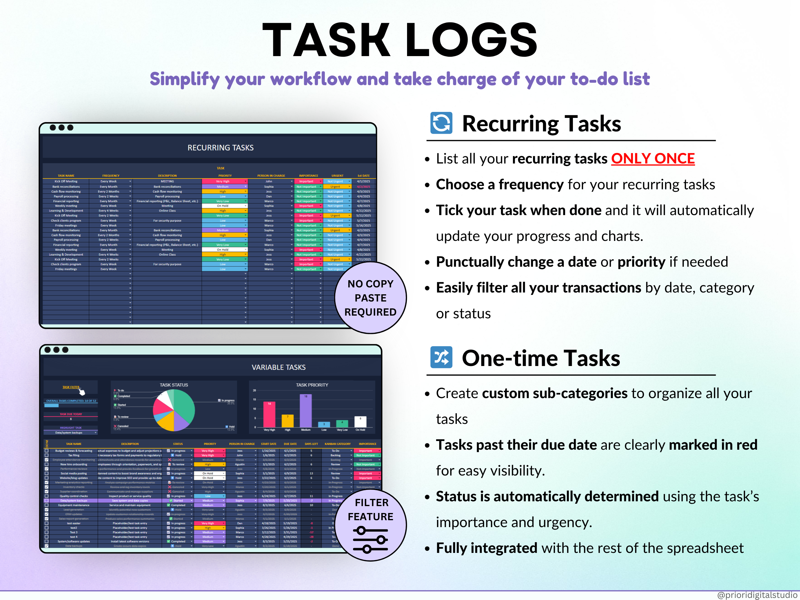 All-in-One Task Tracker spreadsheet with dashboard and interface elements on a gradient background