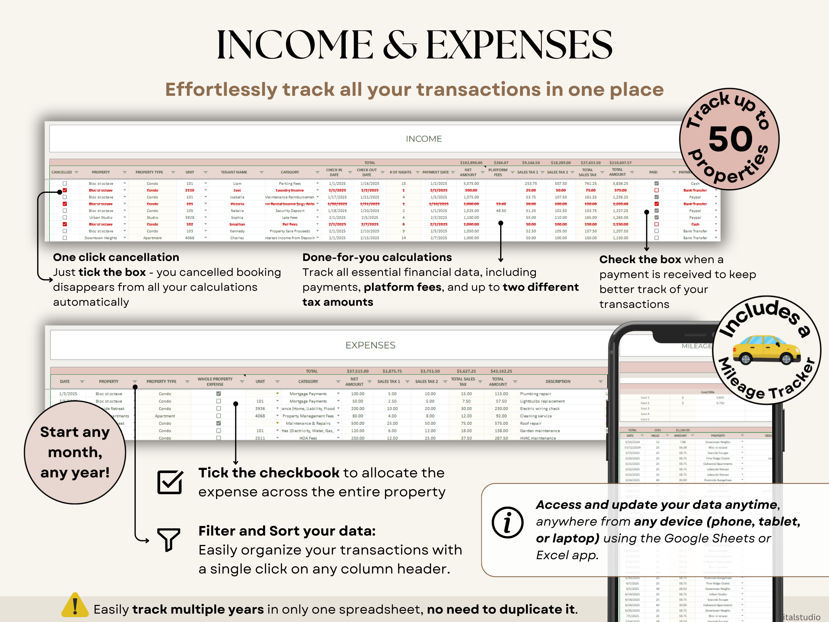 Airbnb Spreadsheet Vacation Rental Property Tracker Bookkeeping Template Google Sheets Booking Calendar Excel Short-Term Rental Management