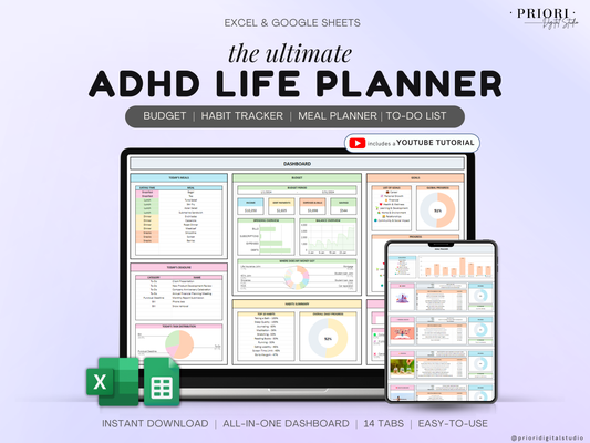 ADHD Life Planner ADHD Digital Organizer Planner Budget Tracker Meal Planner Spreadsheet Template 2024 Calendar To Do List Savings Tracker