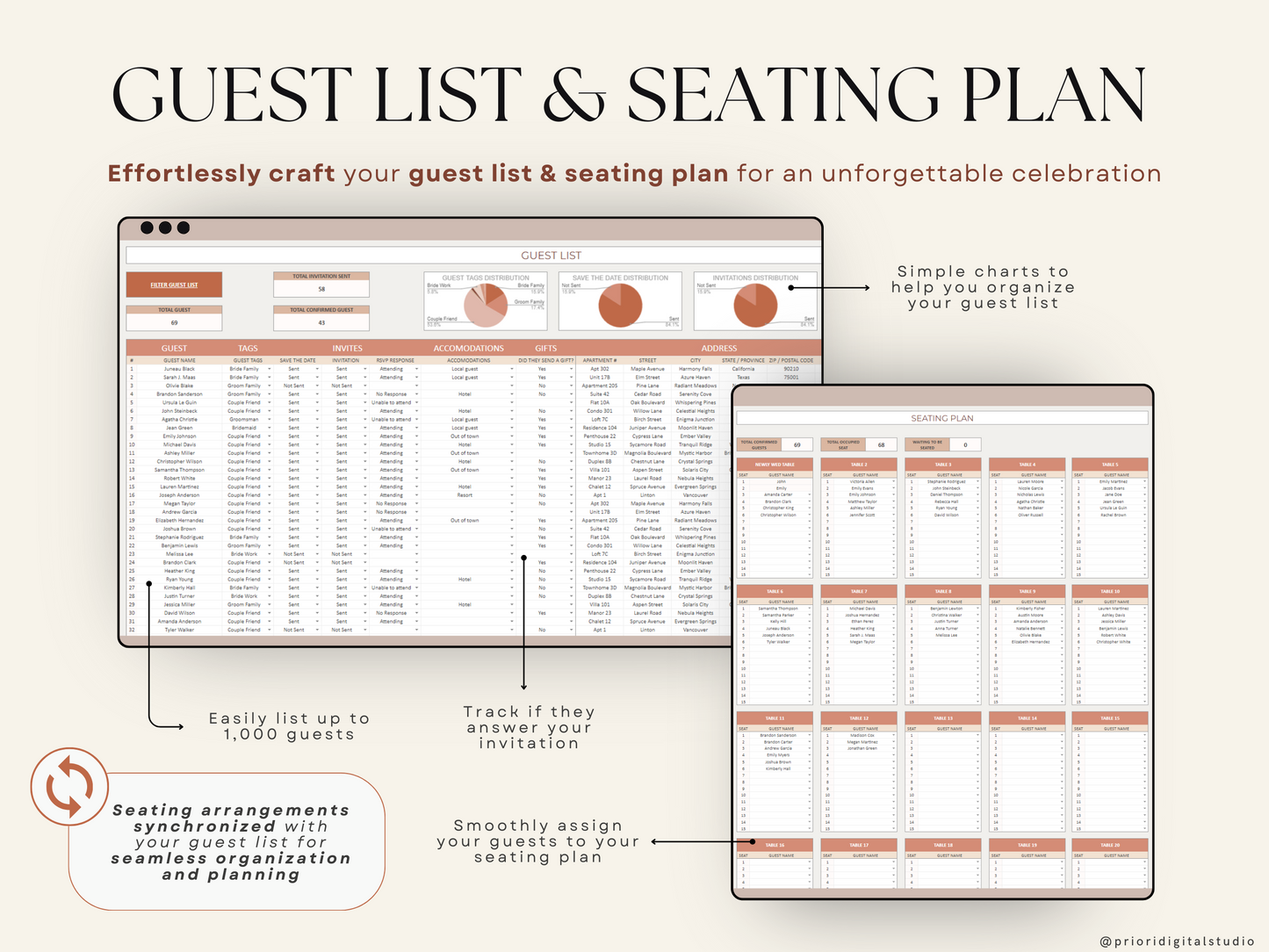 Wedding Planner Spreadsheet Wedding Budget Tracker Wedding Timeline Checklist Guest List Tracker Wedding Itinerary Seating Plan Wedding Gift Terracotta Excel Google Sheets