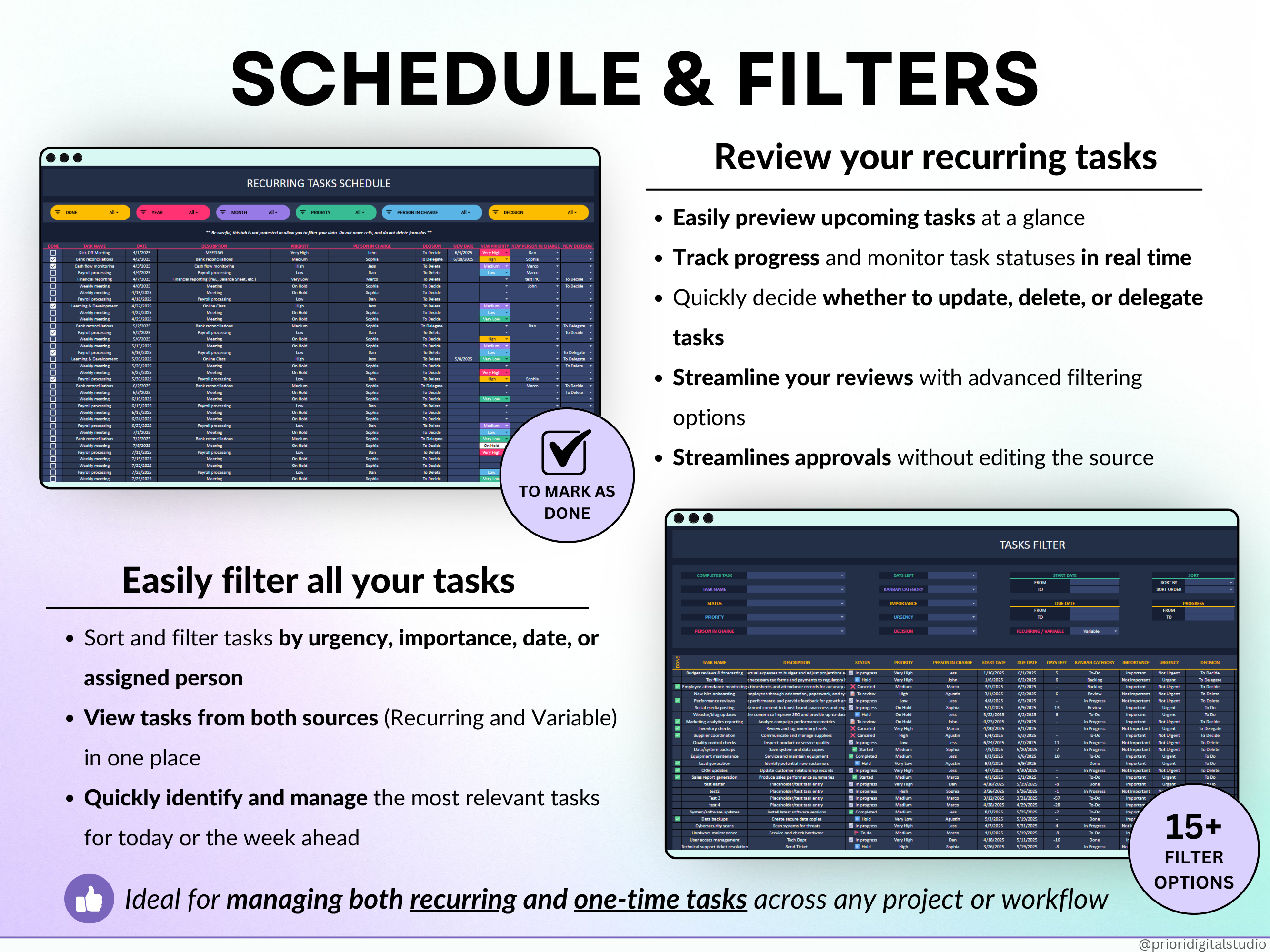All-in-One Task Tracker spreadsheet with dashboard and interface elements on a gradient background