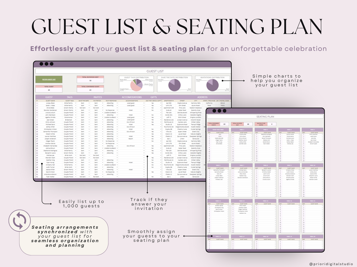 Wedding Planner Spreadsheet Wedding Budget Tracker Wedding Timeline Checklist Guest List Tracker Wedding Itinerary Seating Plan Wedding Gift Lavender Excel Google Sheets