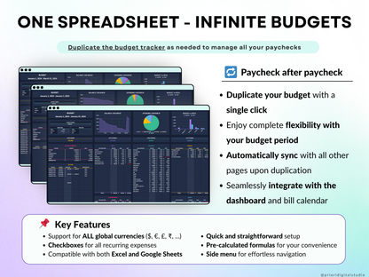 Paycheck Budget Spreadsheet Weekly Budget Monthly Budget Biweekly Bill Tracker Debt Tracker Financial Planner Google Sheets Excel Template