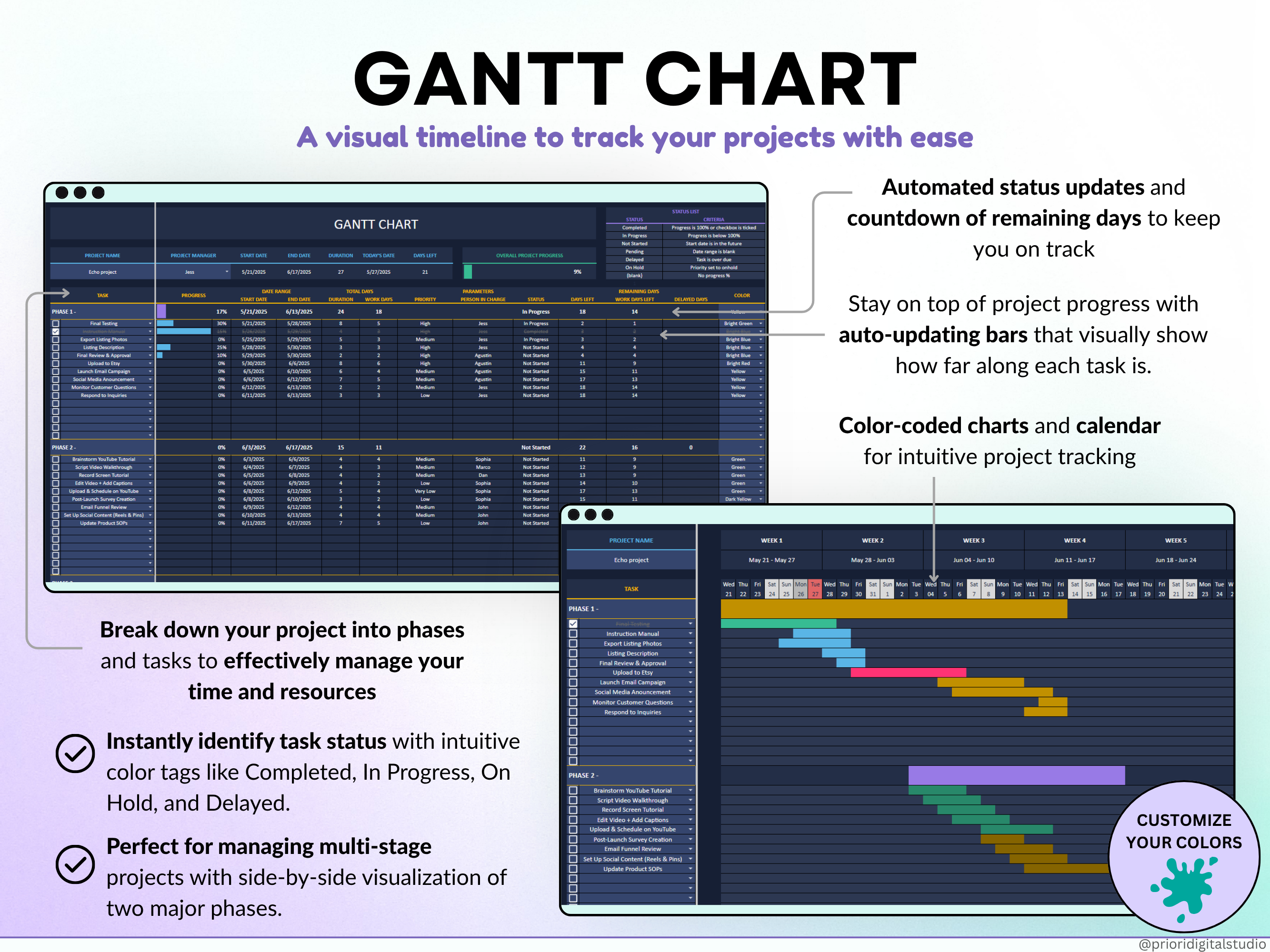 All-in-One Task Tracker spreadsheet with dashboard and interface elements on a gradient background