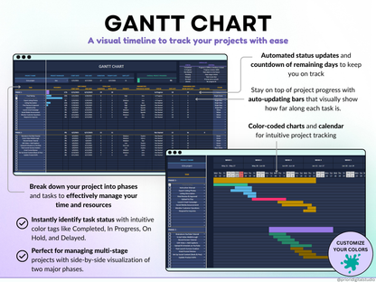All-in-One Task Tracker spreadsheet with dashboard and interface elements on a gradient background