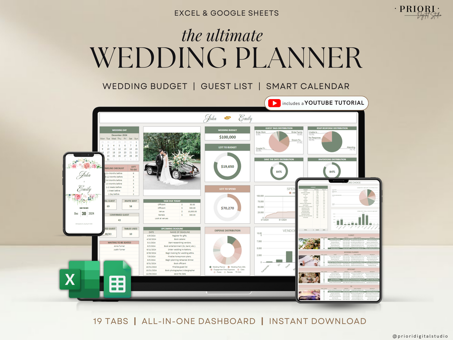 Wedding Planner Spreadsheet Wedding Budget Tracker Wedding Timeline Checklist Guest List Tracker Wedding Itinerary Seating Plan Wedding Gift Green Rosy Sage