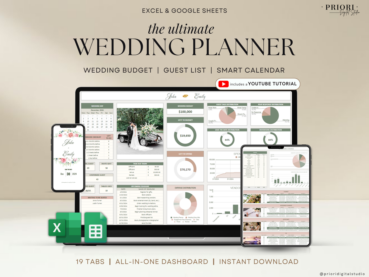 Wedding Planner Spreadsheet Wedding Budget Tracker Wedding Timeline Checklist Guest List Tracker Wedding Itinerary Seating Plan Wedding Gift Green Rosy Sage Excel Google Sheets