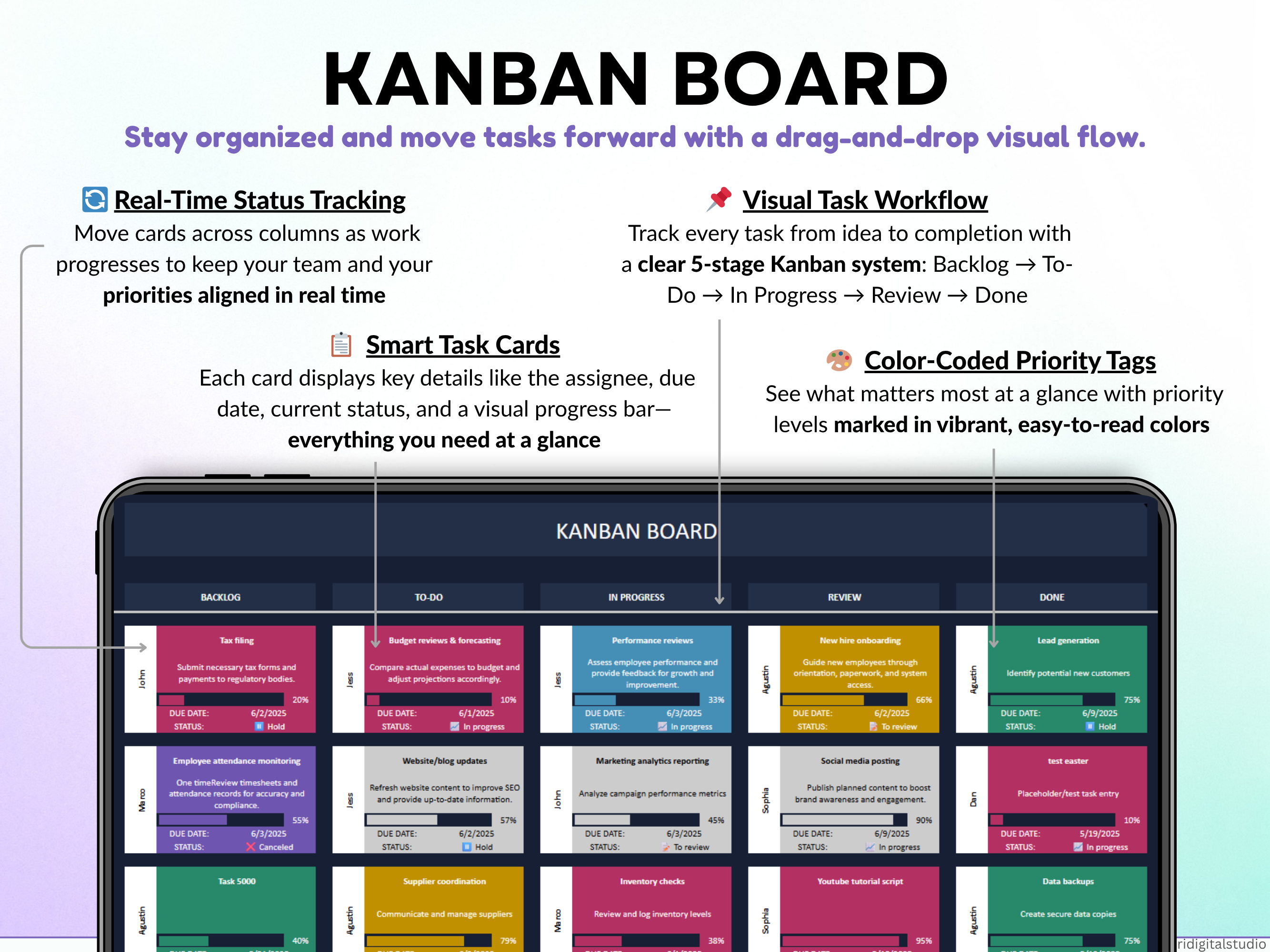 All-in-One Task Tracker spreadsheet with dashboard and interface elements on a gradient background
