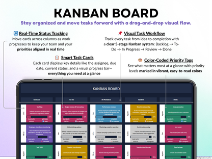 All-in-One Task Tracker spreadsheet with dashboard and interface elements on a gradient background