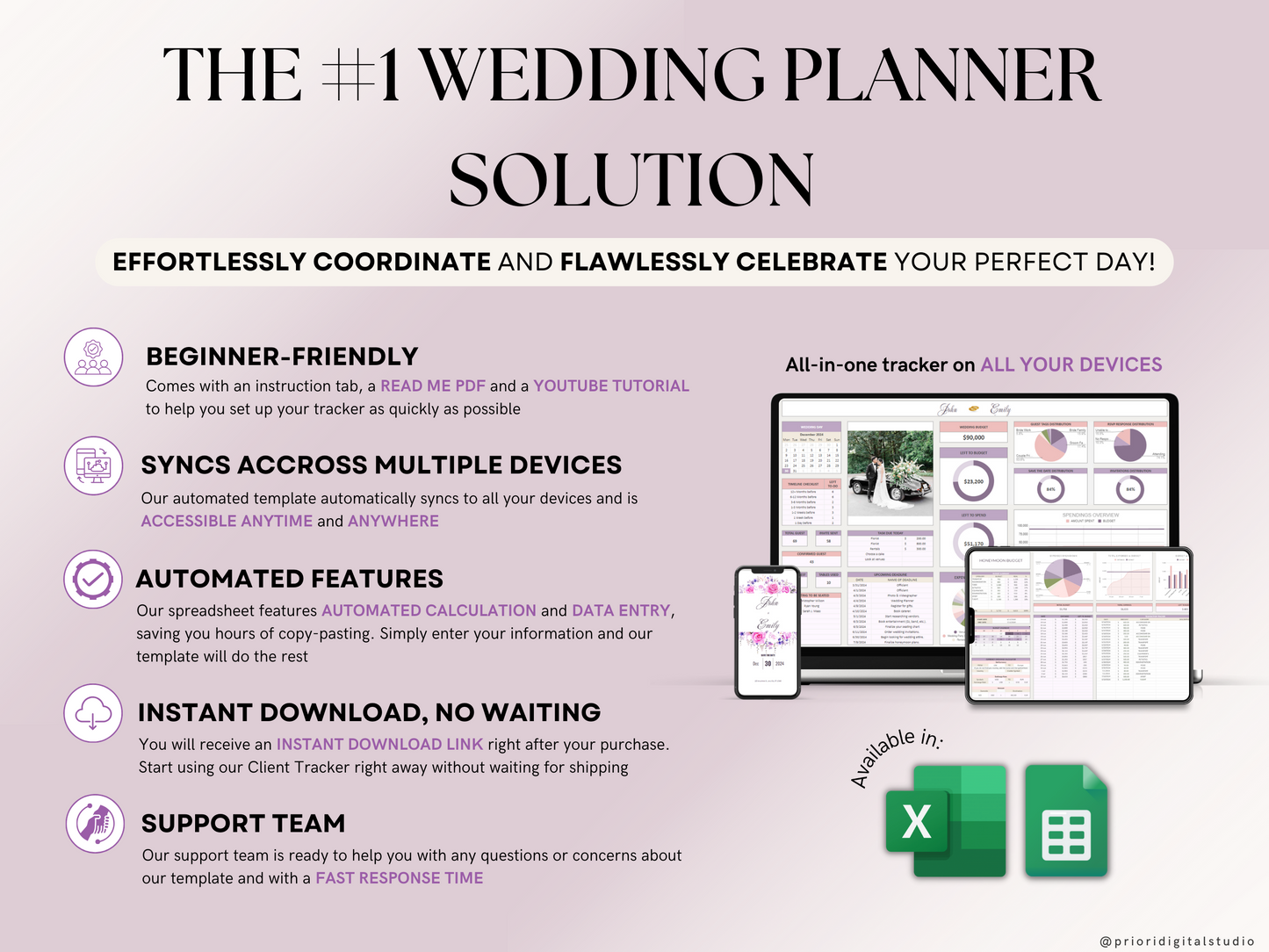 Wedding Planner Spreadsheet Wedding Budget Tracker Wedding Timeline Checklist Guest List Tracker Wedding Itinerary Seating Plan Wedding Gift Lavender Excel Google Sheets