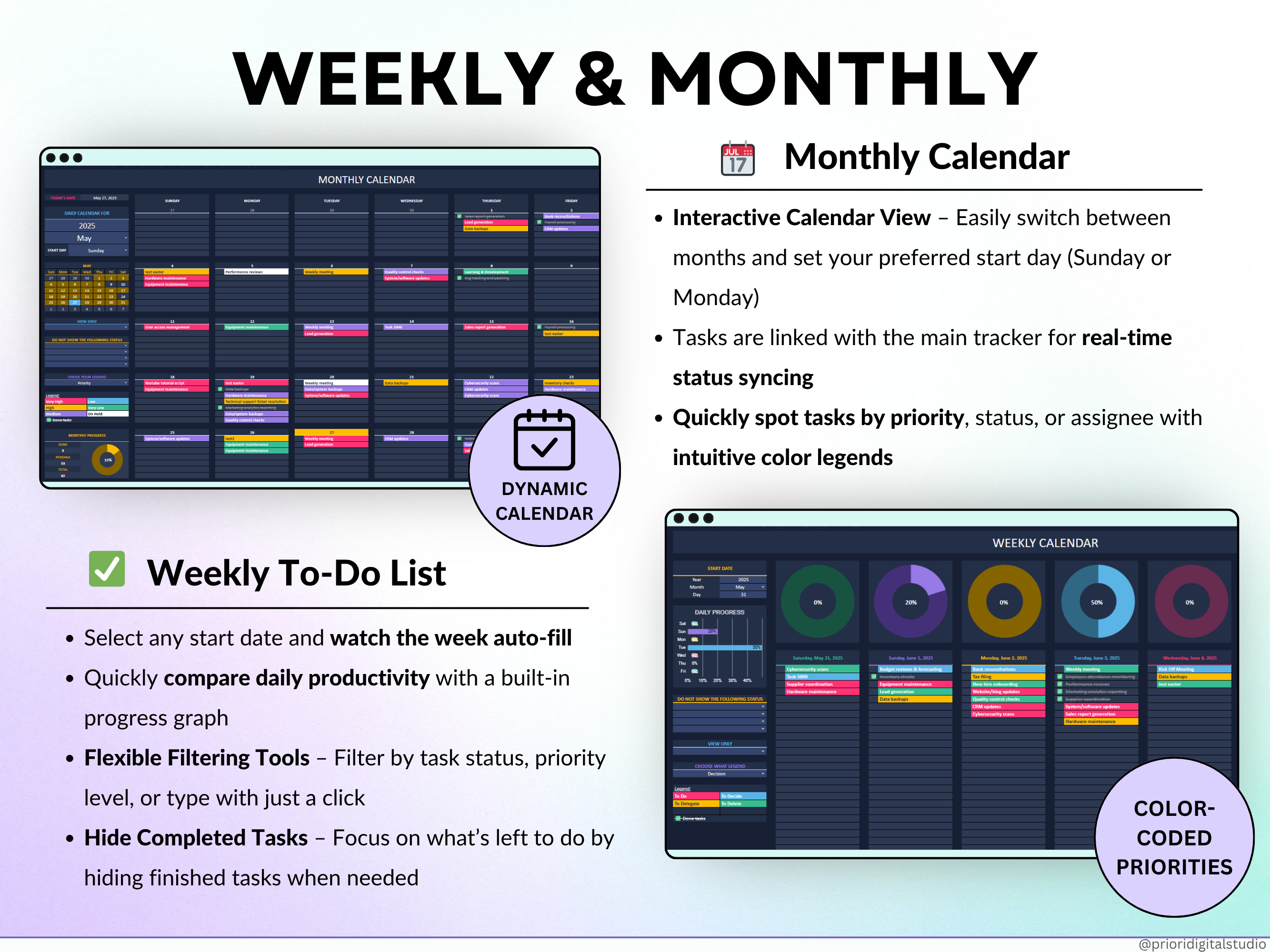 All-in-One Task Tracker spreadsheet with dashboard and interface elements on a gradient background