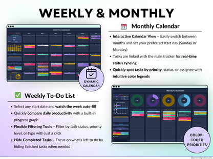 All-in-One Task Tracker spreadsheet with dashboard and interface elements on a gradient background