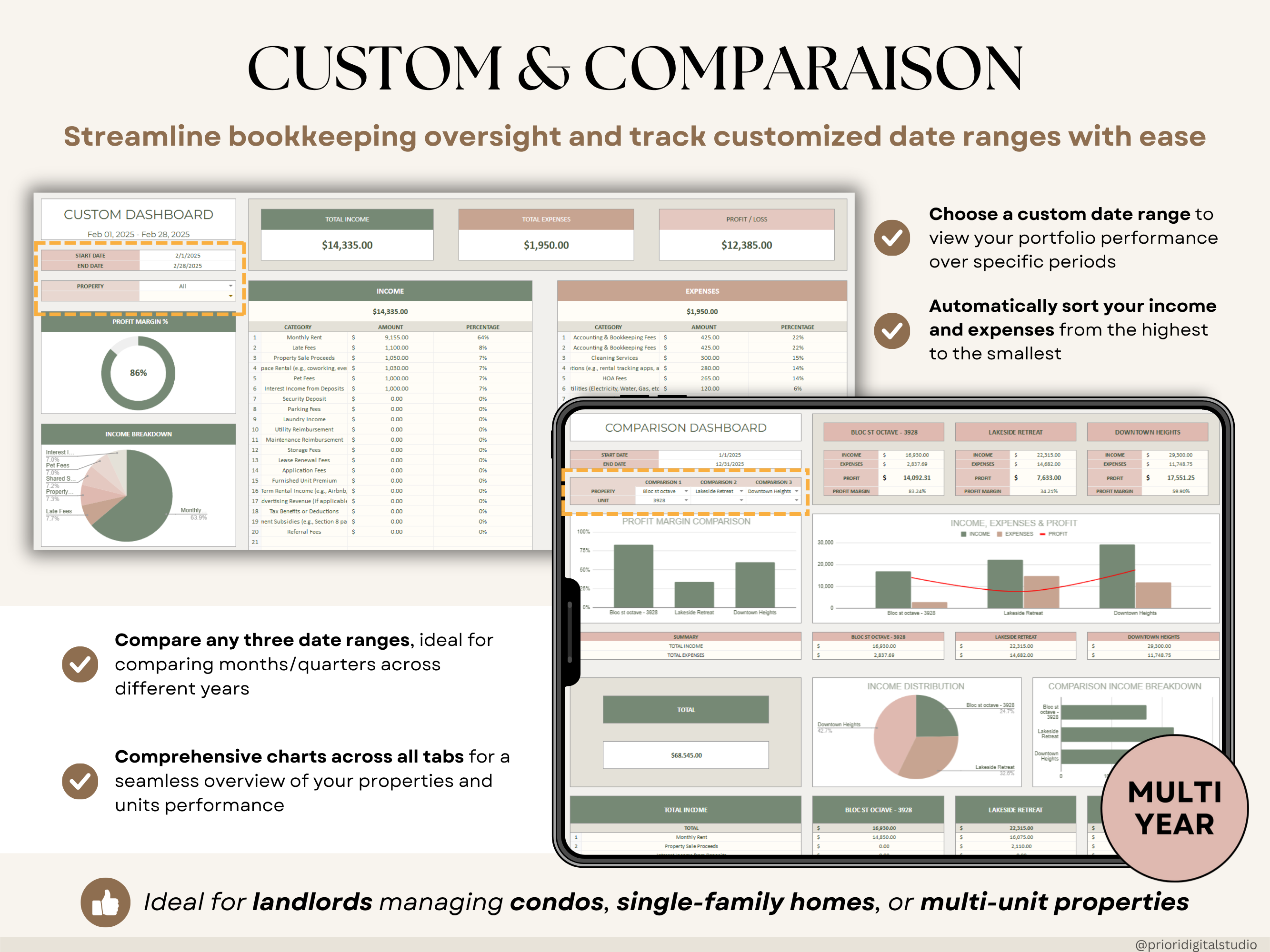 Rental Property Tracker Landlord Spreadsheet Multi Property Income and Expense Excel Google Sheets Rental Bookkeeping Rent Payment Tracker
