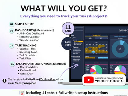 All-in-One Task Tracker spreadsheet with dashboard and interface elements on a gradient background