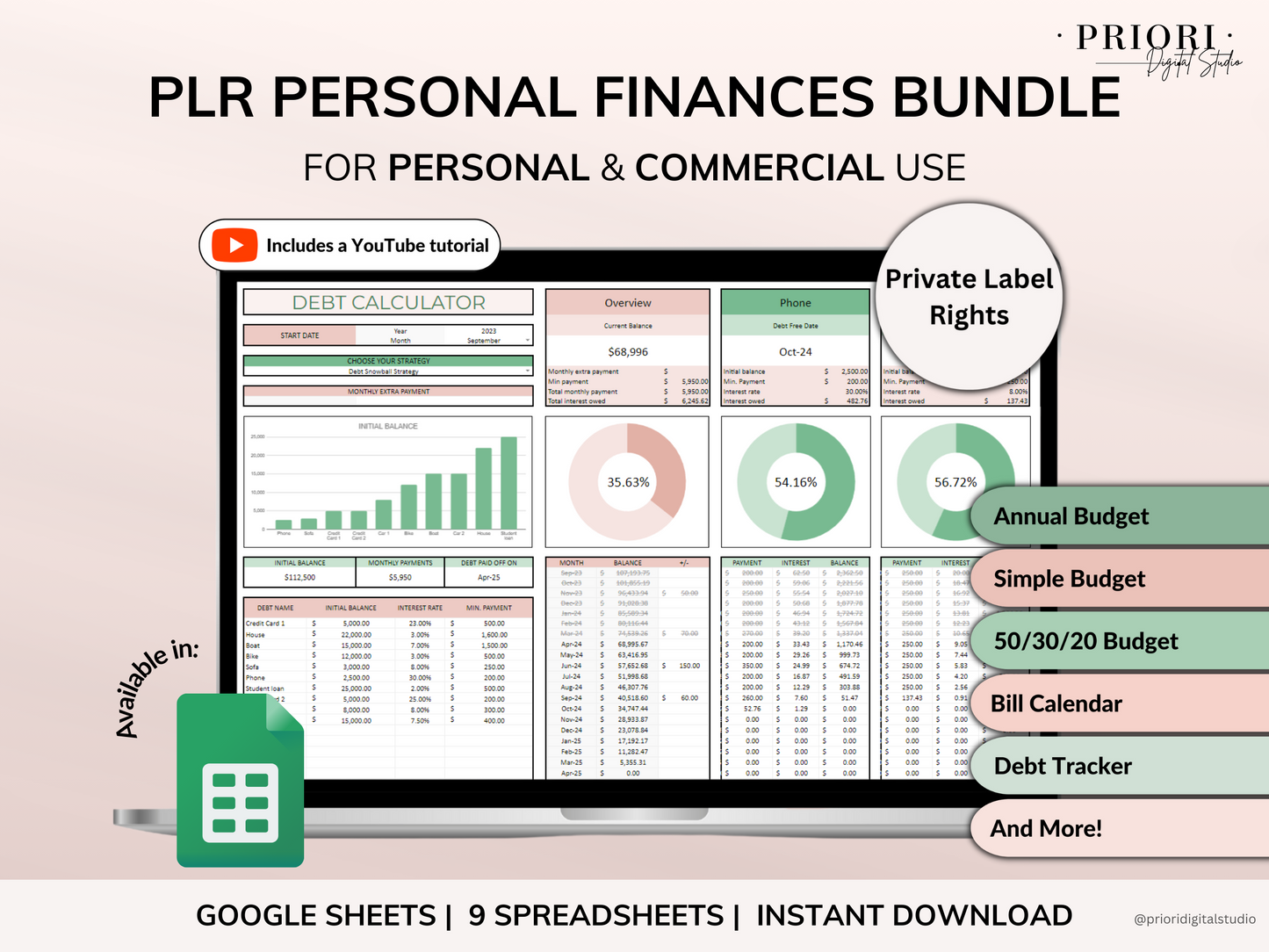 PLR Budget Spreadsheet Bundle Commercial Use PLR Google Sheets Private Label Rights PLR Template Budget Spreadsheet Debt Tracker Bill Calendar