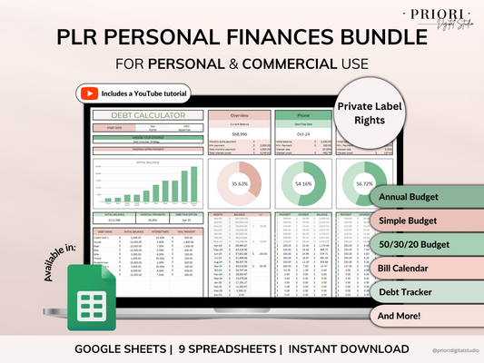 PLR Budget Spreadsheet Bundle Commercial Use PLR Google Sheets Private Label Rights PLR Template Budget Spreadsheet Debt Tracker Bill Calendar