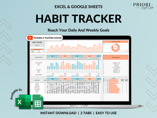 Habit Tracker Spreadsheet Google Sheets Excel Daily Habit Planner Weekly Goal Planner Digital Routine Dashboard Habit To Do List Template