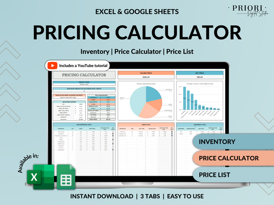 Pricing Calculator for Small Business Google Sheets Excel Business Tracker Handmade Products Pricing Template Profit Margin Pricing Guide