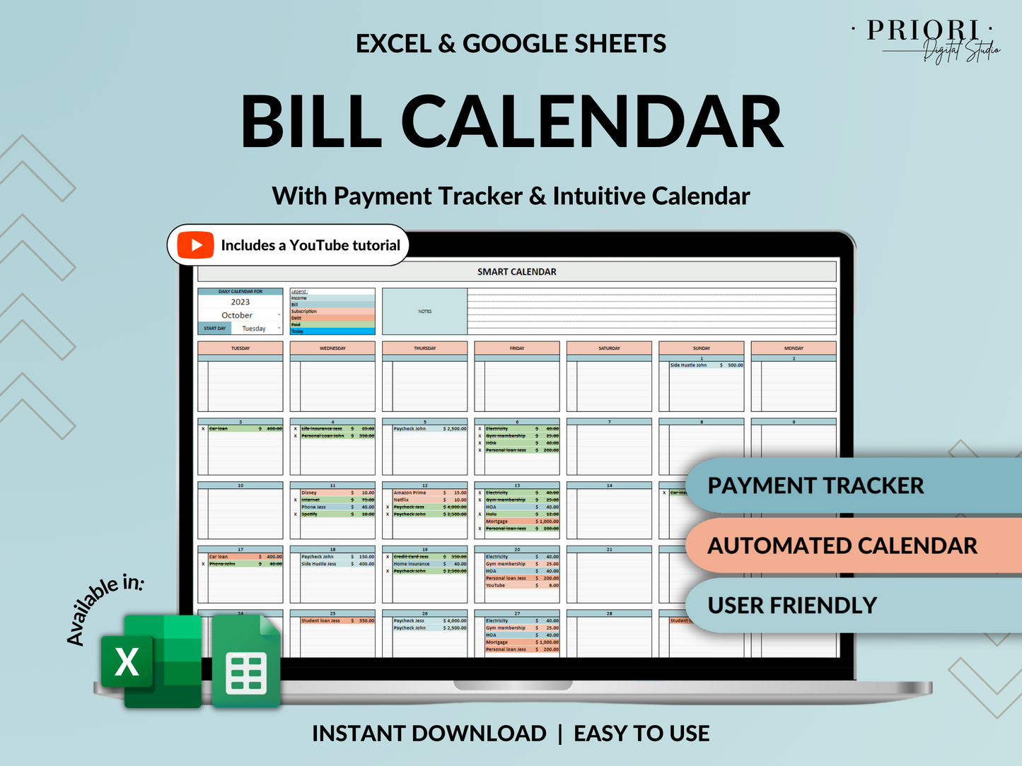 Bill Tracker Spreadsheet Google Sheets Excel Bill Calendar Monthly Smart Bill Planner Editable 2024 Calendar Personal Finance Budget Tracker