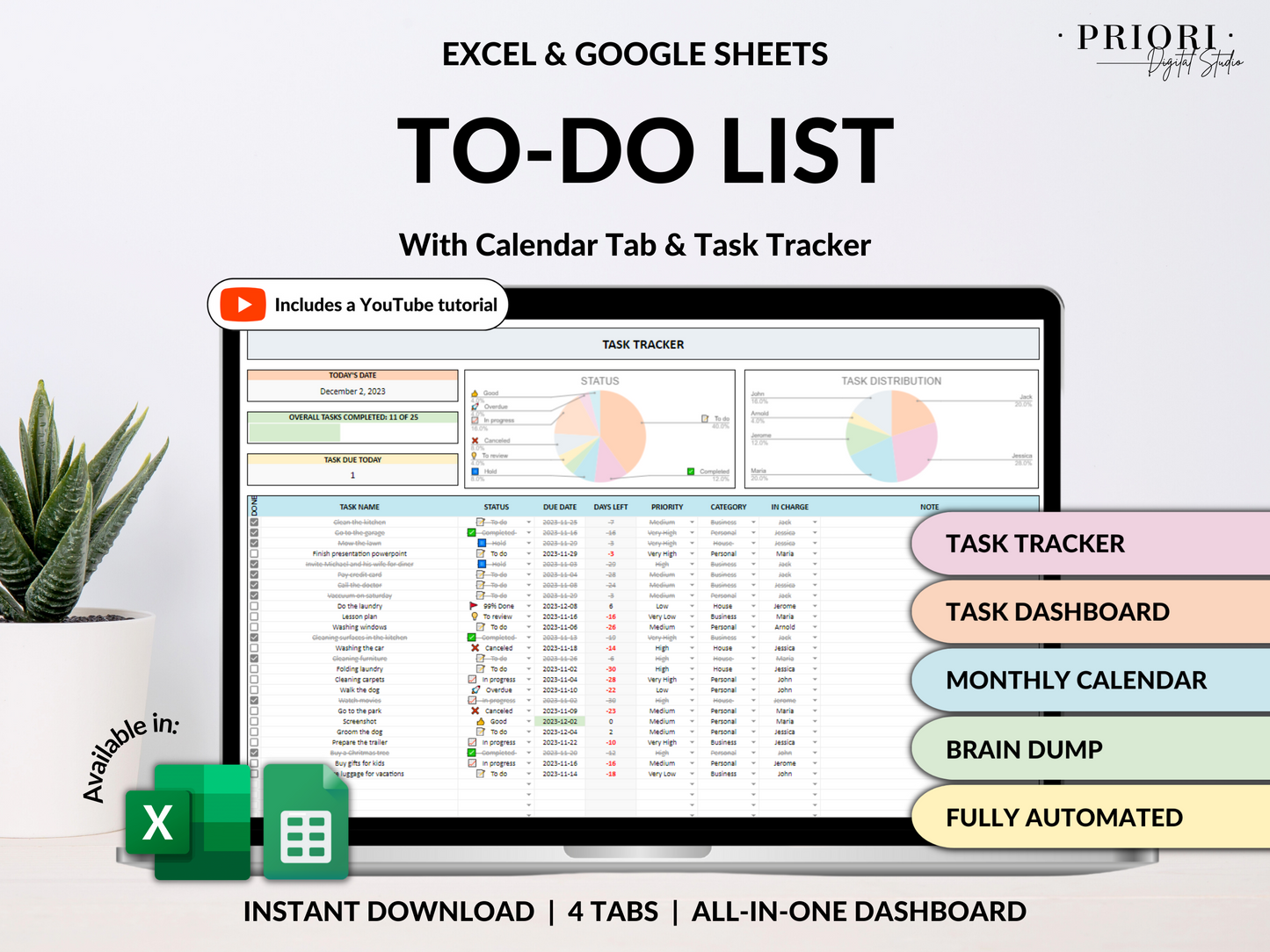 To Do List Tracker Task Planner Excel Google Sheets Template Productivity Planner Daily Weekly To Do List Calendar Daily Checklist Template