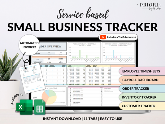 Service Small Business Tracker Spreadsheet Google Sheets Excel Inventory Template Customer Tracker Employee Schedule Order Tracker Payroll Dashboard