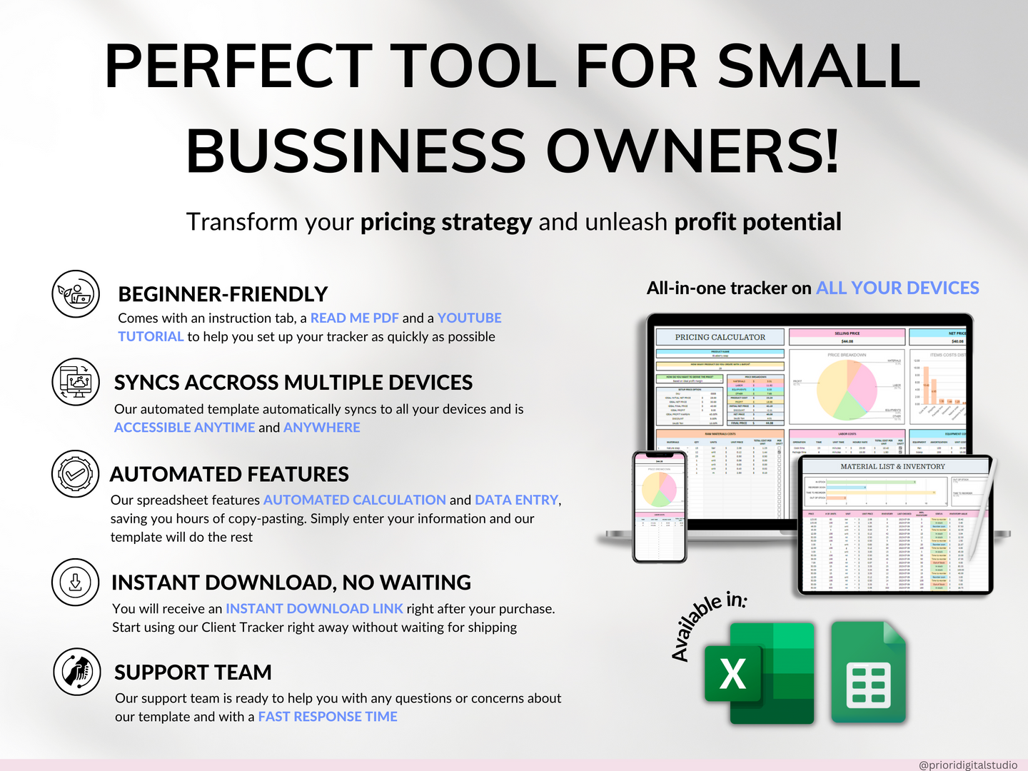 Pricing Calculator for Small Business Google Sheets Excel Business Tracker Handmade Products Pricing Template Profit Margin Pricing Guide