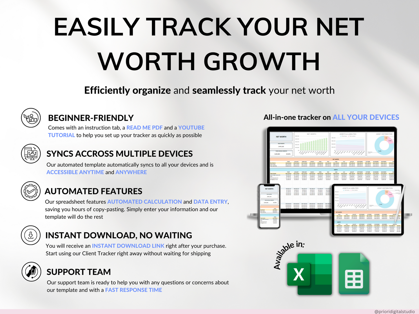 Net Worth Tracker Spreadsheet Template Google Sheets Excel Annual Net Worth Dashboard Personal Finance Assets Liabilities Template Planner