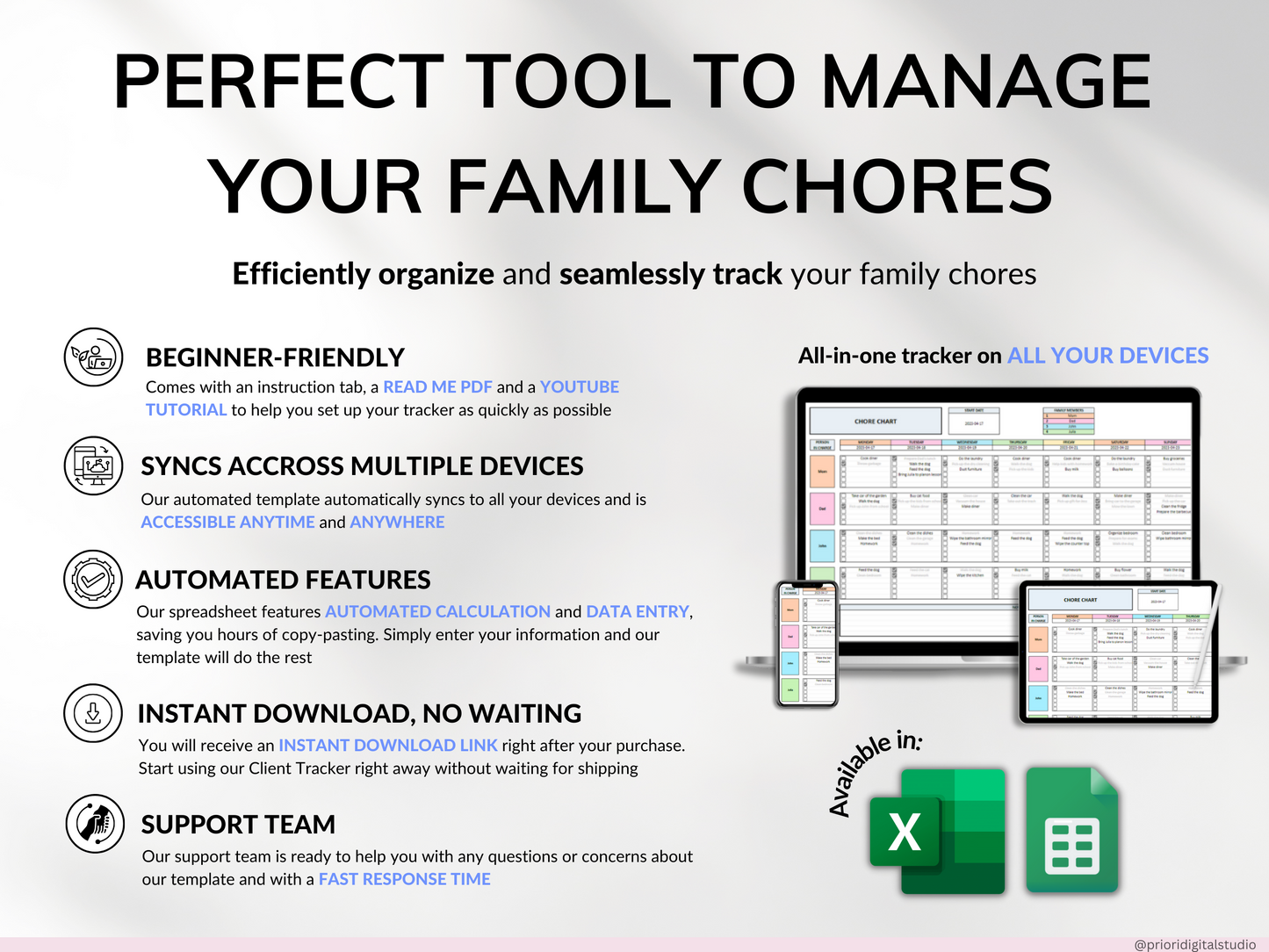 Printable Chore Chart Google Sheet Excel Template Planner Family Chore Cart Weekly Calendar Cleaning Checklist Daily Chore Chart for Kids