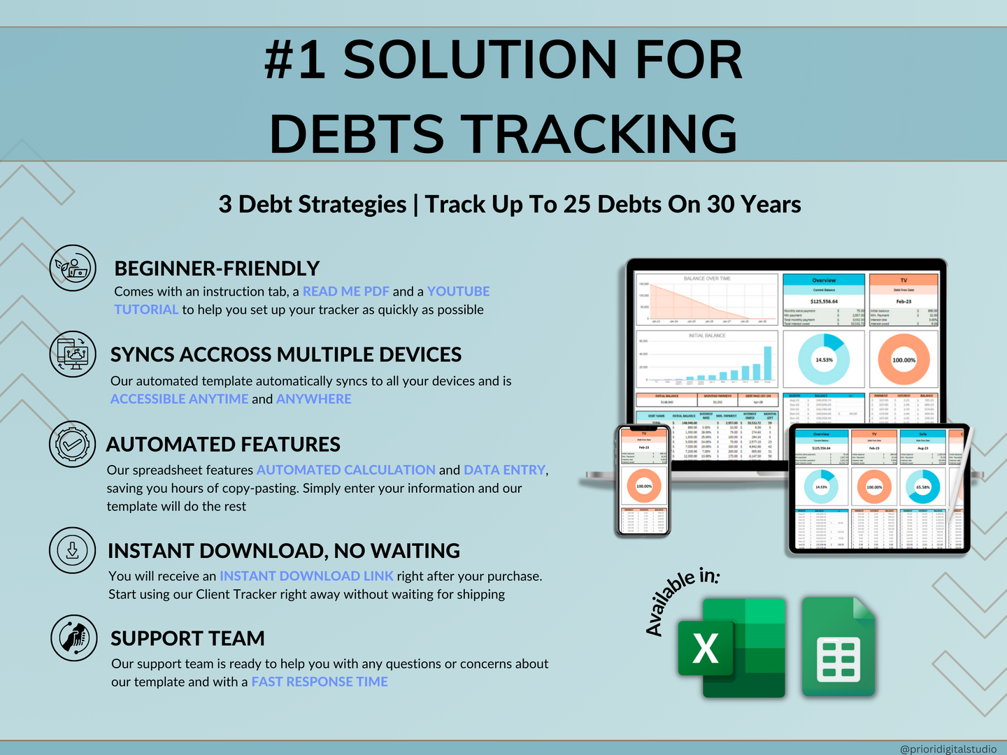 Debt Tracker Payment Debt Snowball Excel Debt Avalanche Calculator for Google Sheet Student Loan Mortgage House Payment Credit Card Payoff