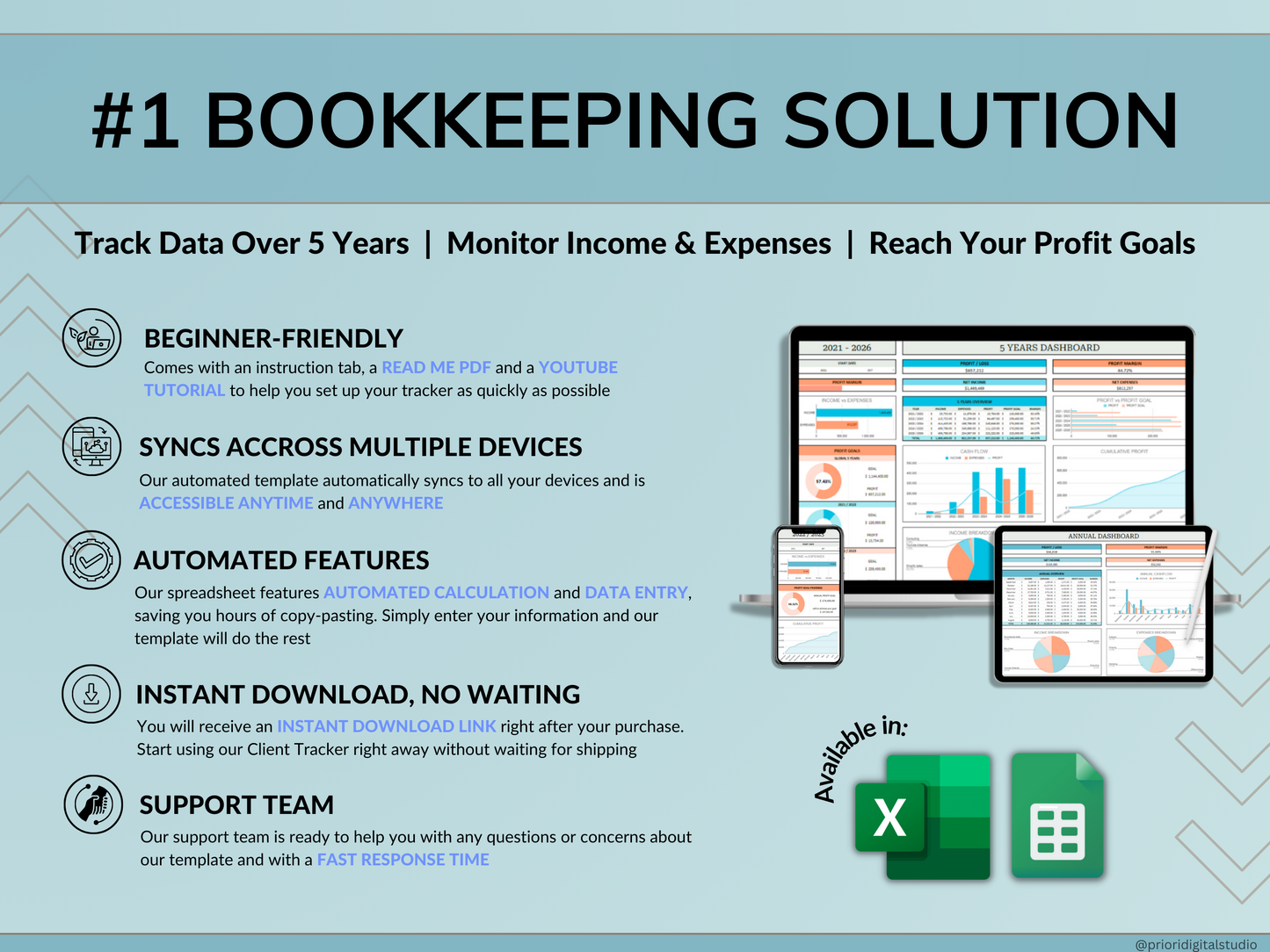 Small Business Bookkeeping Spreadsheet Accounting Template Business Expense Bill Tracker Income Sales Profit Tracker Google Sheets Excel